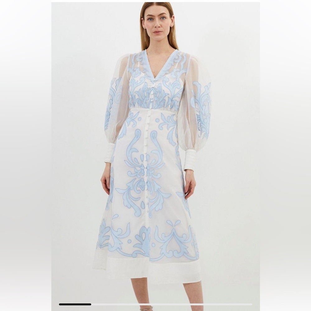 Karen Millen Elegant Blue Patterned Long Sleeve Dress